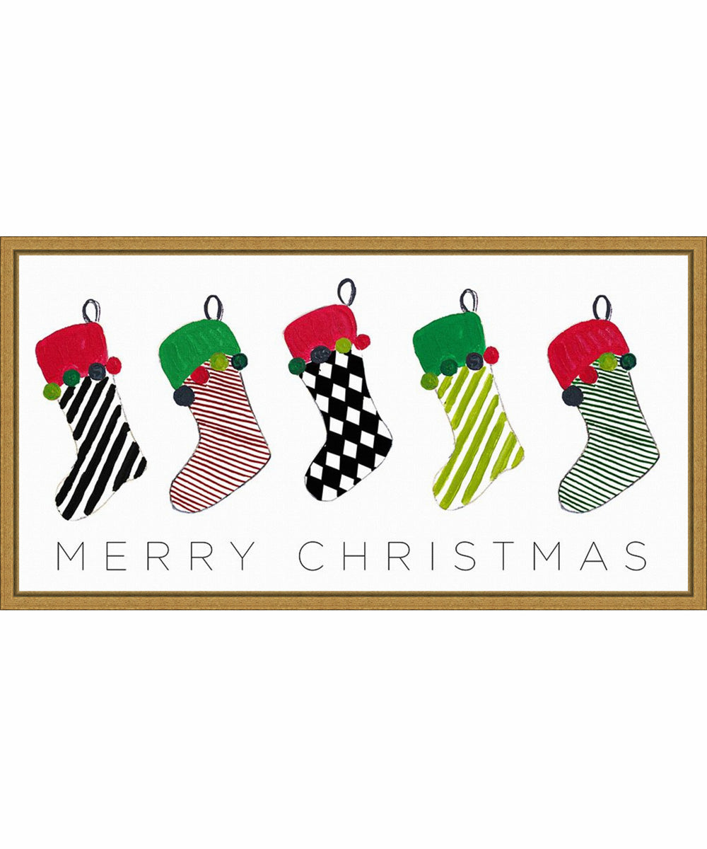 Framed Christmas Stockings by Patricia Pinto Canvas Wall Art Print (27  W x 14  H), Sylvie Gold Frame