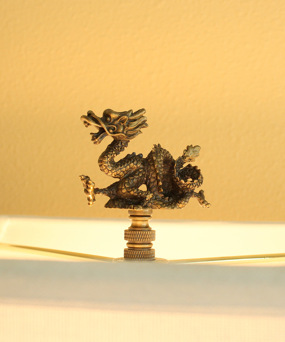 Mysterious Antiqued East Dragon Lamp Finial Antiqued Brass 2.75"h