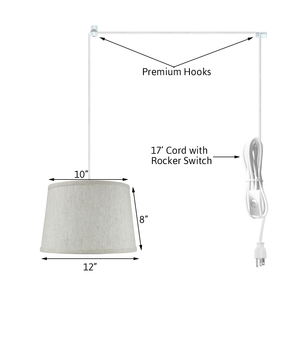 12"W 1 Light Swag Plug-In Pendant  Shallow Drum Textured Oatmeal Shade White Cord