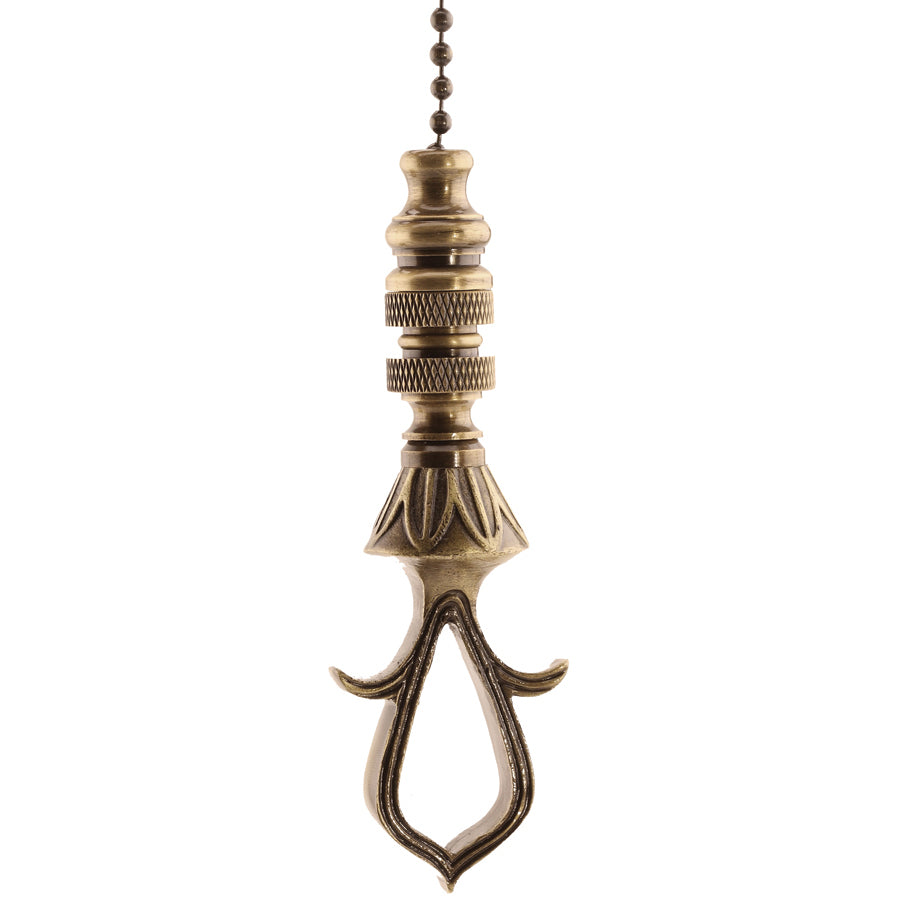Antique Metal Reeded Loop Ceiling Fan Pull, 3.75"h with 12" Antiqued Brass Chain