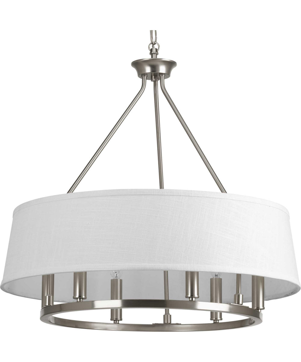 Cherish 6-Light White Linen Shade Coastal Chandelier Light Brushed Nickel