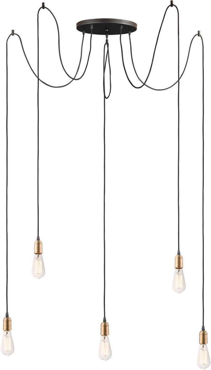 14"W Early Electric 5-Light Pendant Black / Antique Brass