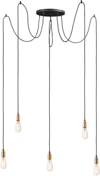 14"W Early Electric 5-Light Pendant Black / Antique Brass