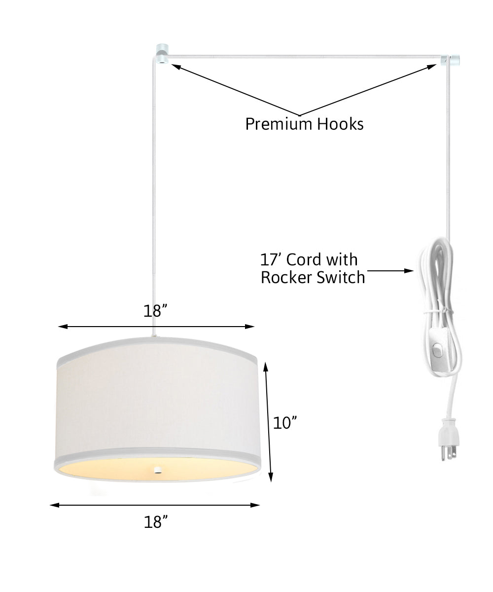 2 Light Swag Plug-In Pendant 18"w White Linen with Diffuser, White Cord