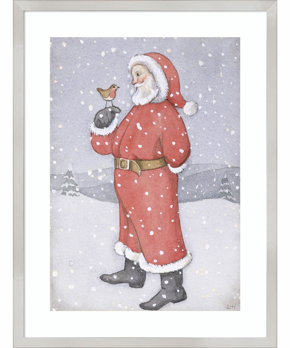 Father Christmas and a Robin by Lavinia Hamer Wood Framed Wall Art Print (19  W x 25  H), Svelte Silver Frame