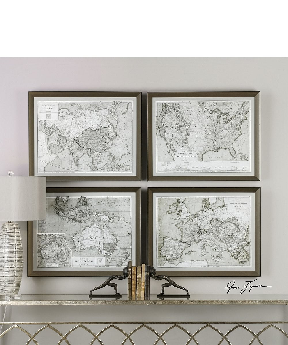 22"H x 28"W World Maps Framed Prints Set of 4
