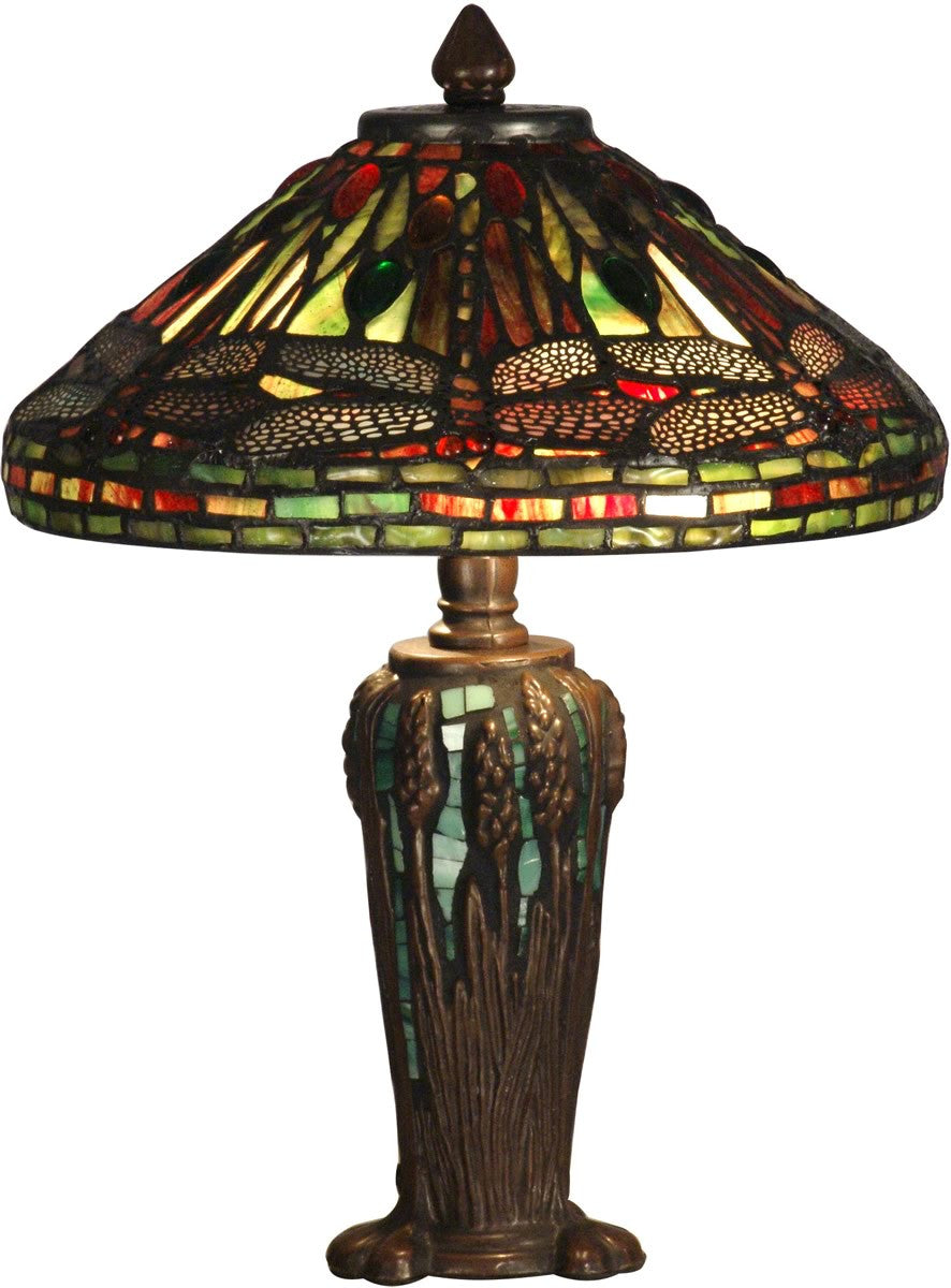 14"H 2-Light Dragonfly Tiffany Table Lamp Antique Bronze