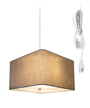 2 Light Swag Plug-In Pendant 12"w Rounded Corner Square Oatmeal Drum Shade with Diffuser, White Cord