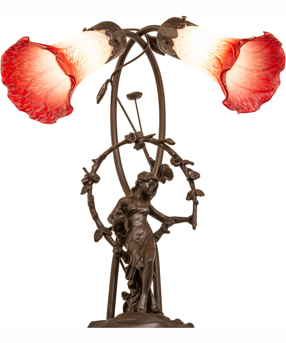 17" High Red/White Pond Lily Tiffany Pond Lily 2 Light Trellis Girl Accent Lamp