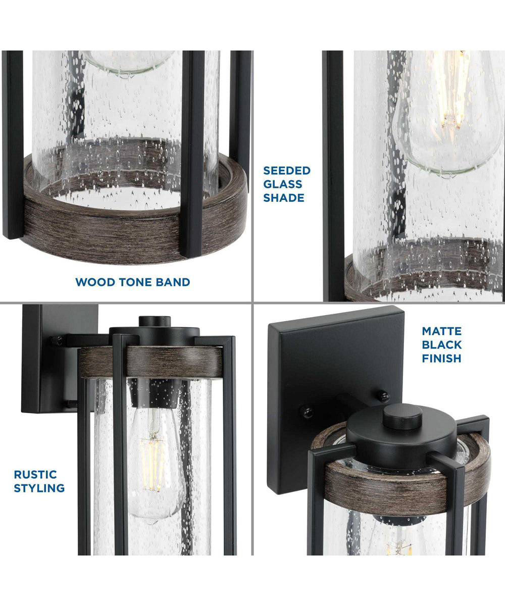 Whitmire  1-Light with Aged Oak Accents Clear Seeded Glass Farmhouse Outdoor Wall Lantern Light Matte Black