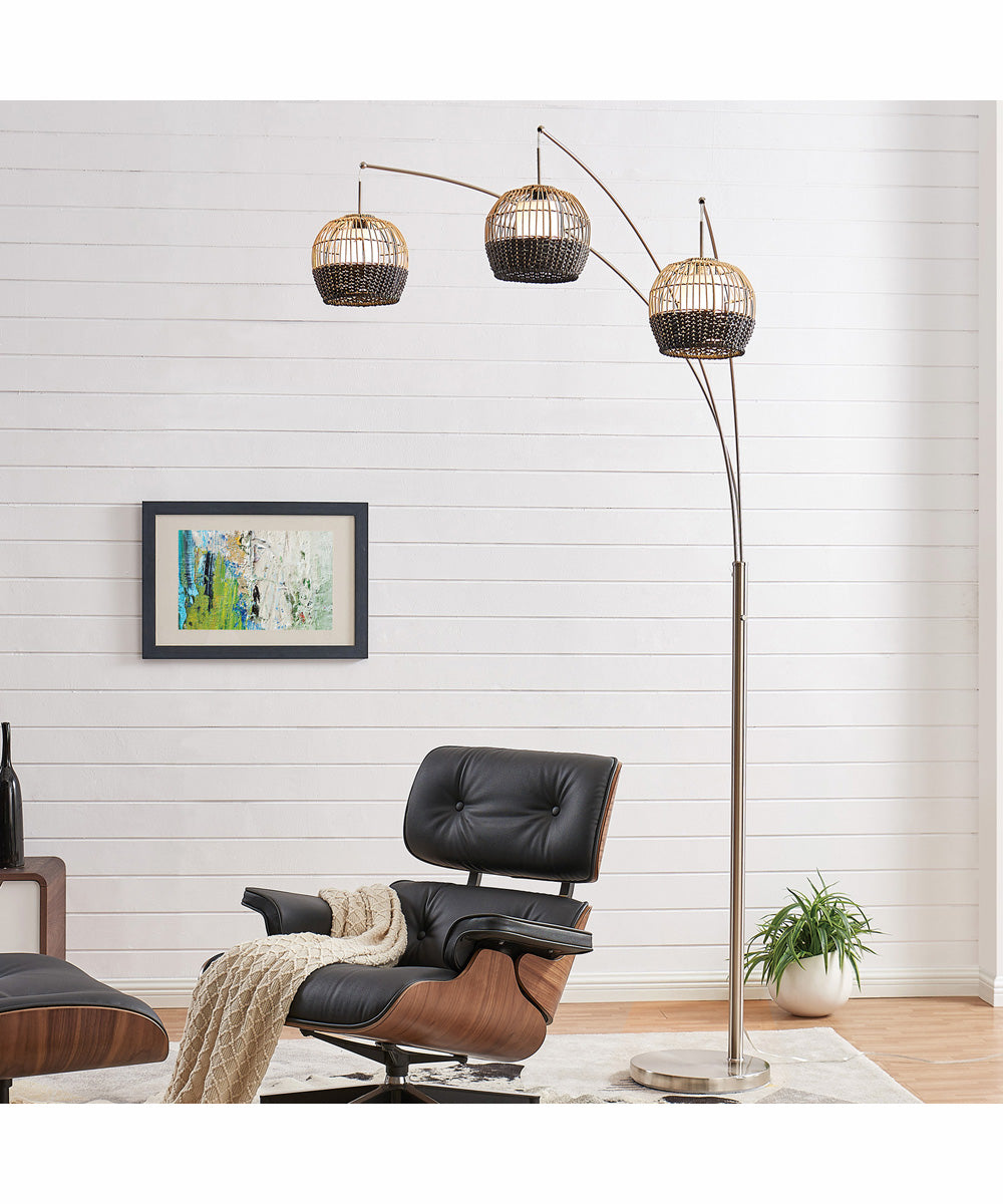 Kaylor 3-Light 3-Light Arc Lamp Brushed Nickel/Outer Rattan&Inner Fabric Shade
