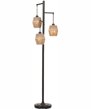 73"H 3-Light Floor Lamp Metal and Rope in Oil Rubbed Bronze and Gold with a Round Hemp Rope Shade