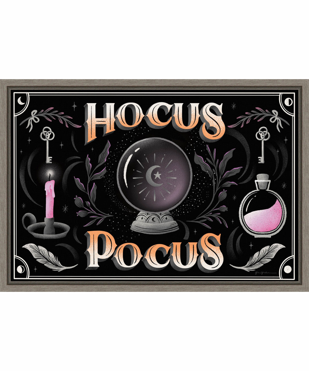 Framed Hocus Pocus Halloween Black by Gia Graham Canvas Wall Art Print (23  W x 16  H), Sylvie Greywash Frame