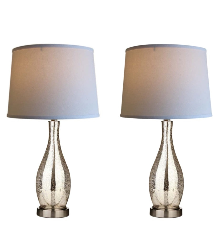 27" Teardrop Lamp Base 2 Pack, Mercury Silver/Gold Glass Table Lamp Set with White Linen Shades