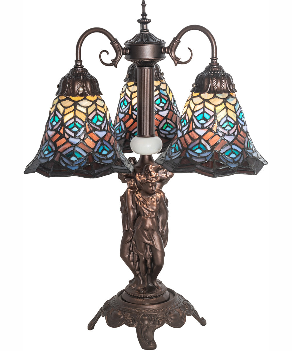 23" High Tiffany Peacock Feather 3 Light Table Lamp