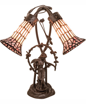 17" High Stained Glass Pond Lily 2 Light Trellis Girl Accent Lamp