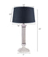 Battersby Table Lamp Base with Satin Nickel Shallow Drum Hard Back Textured Slate Blue