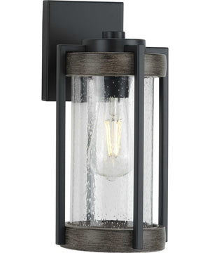 Whitmire  1-Light with Aged Oak Accents Clear Seeded Glass Farmhouse Outdoor Wall Lantern Light Matte Black