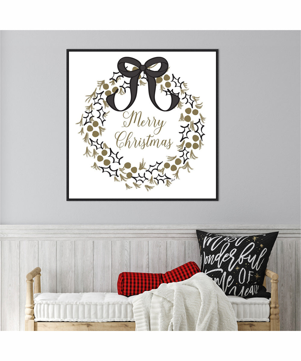 Framed Merry Christmas Wreath by Andi Metz Canvas Wall Art Print (30  W x 30  H), Sylvie Black Frame