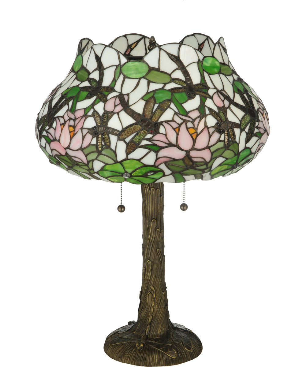 23"H Dragonfly Flower  2-Light Tiffany Table Lamp Mahogany Bronze