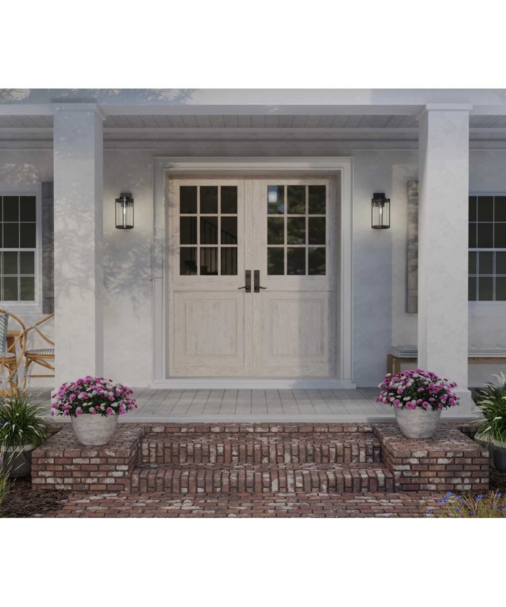 Whitmire  1-Light with Aged Oak Accents Clear Seeded Glass Farmhouse Outdoor Wall Lantern Light Matte Black