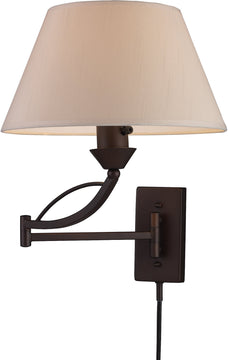 Elysburg 1-Light Plug In Swing Arm Wall Sconce Aged Bronze with Off/White Shade, 12"W