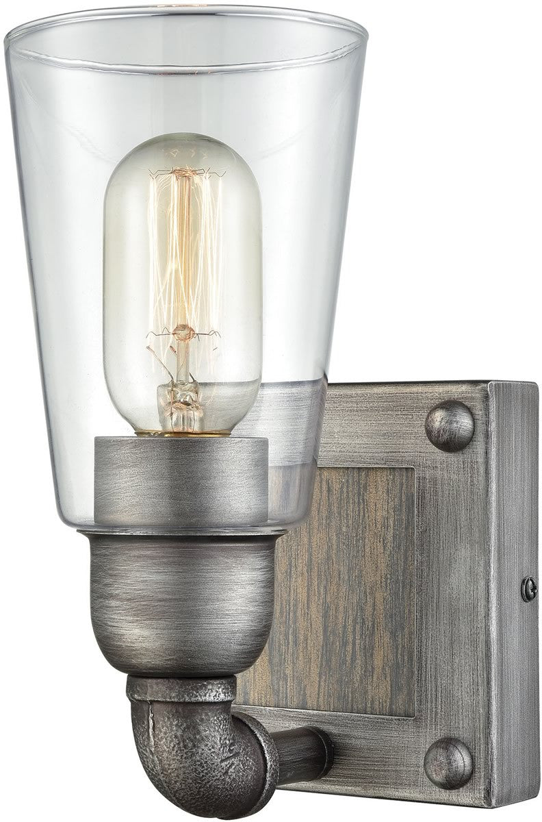 Elk Lighting Platform 1-Light Vanity Weathered Zinc/Washed Wood/Clear Glass 144701
