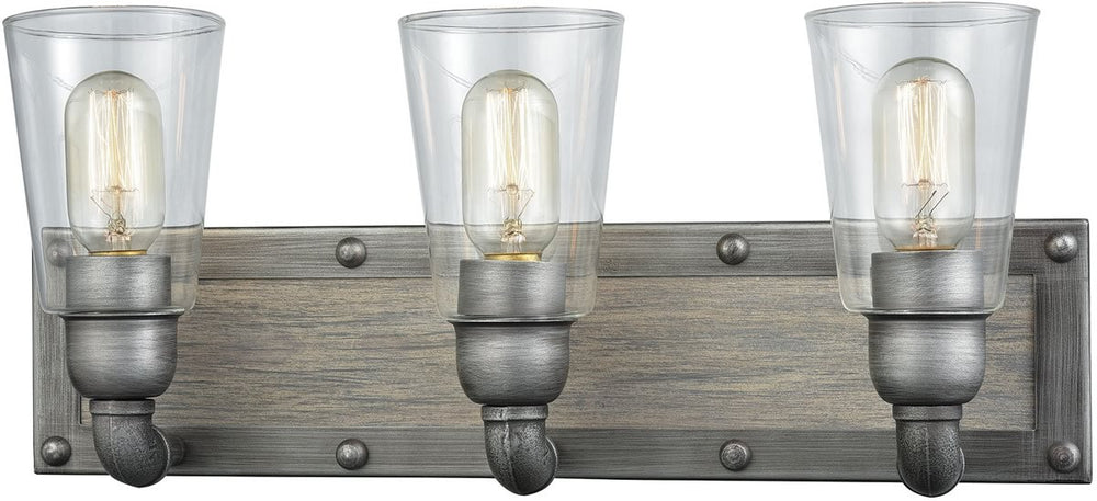 Elk Lighting Platform 3-Light Vanity Weathered Zinc/Washed Wood/Clear Glass 144723