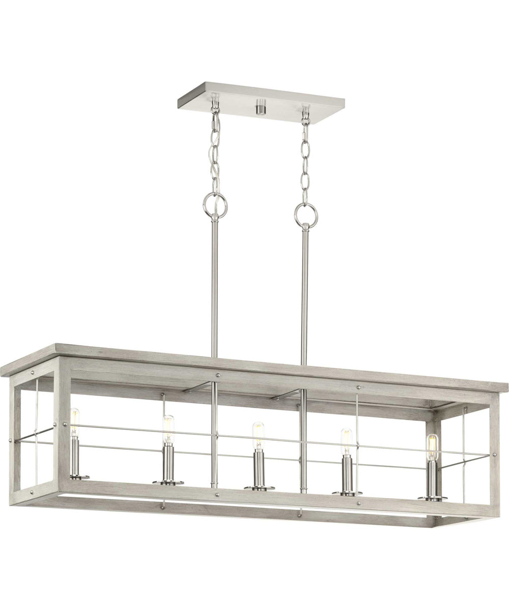 Hedgerow 5-Light Grey Washed Oak Farmhouse Style Linear Island Chandelier Light Brushed Nickel