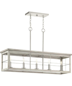 Hedgerow 5-Light Grey Washed Oak Farmhouse Style Linear Island Chandelier Light Brushed Nickel