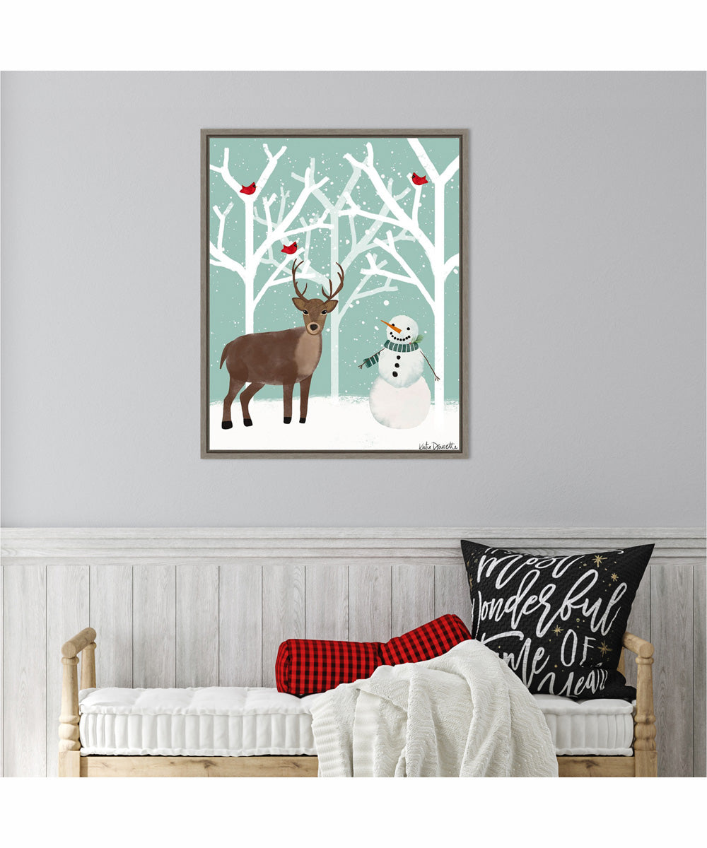 Framed Snowman and Deer by Katie Doucette Canvas Wall Art Print (23  W x 28  H), Sylvie Greywash Frame