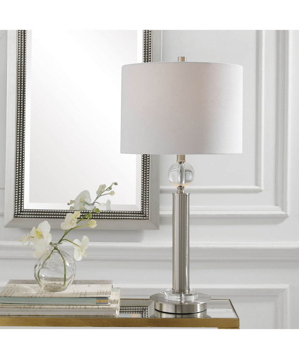 30"H 1-Light Table Lamp Metal and Crystal in Brushed Nickel and Crystal with a Round Shade
