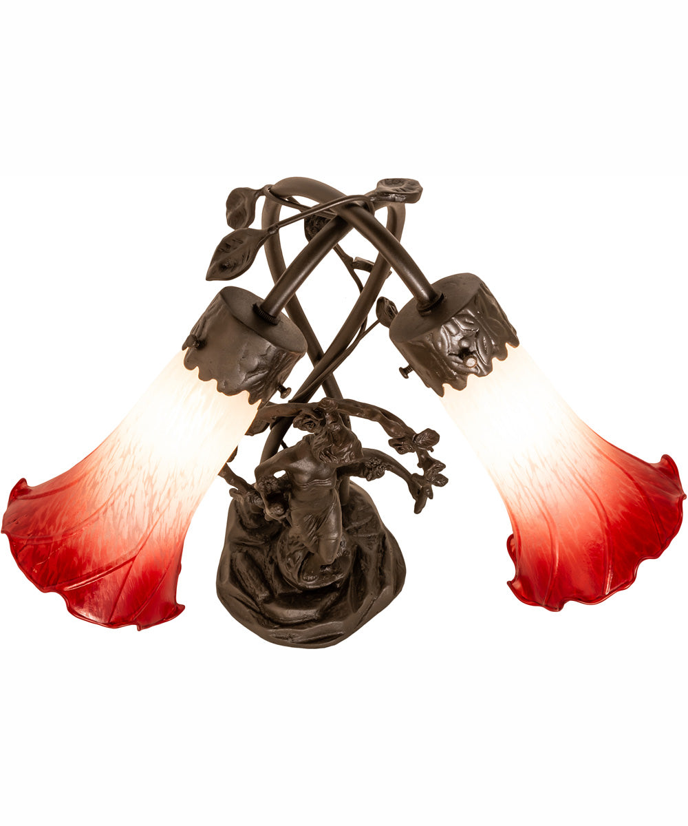 17" High Red/White Pond Lily Tiffany Pond Lily 2 Light Trellis Girl Accent Lamp