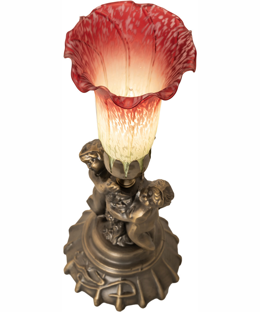 13" High Seafoam/Cranberry Tiffany Pond Lily Twin Cherub Accent Lamp