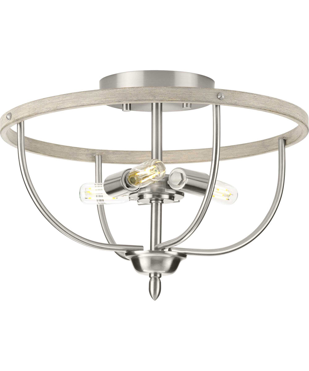 Vinings 3-Light Grey Washed Oak Flush Mount Ceiling Light Brushed Nickel