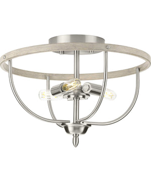 Vinings 3-Light Grey Washed Oak Flush Mount Ceiling Light Brushed Nickel