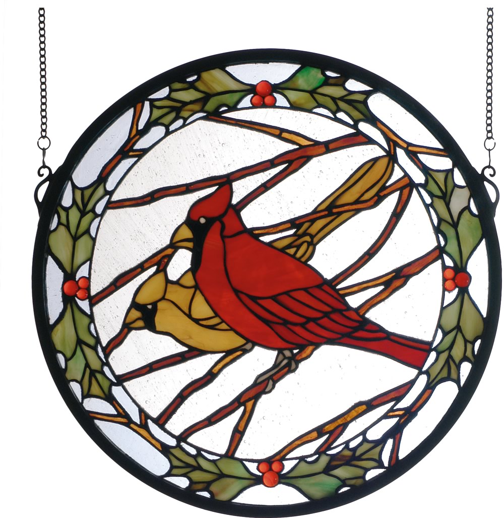 15"H Cardinals & Holly Stained Glass Window