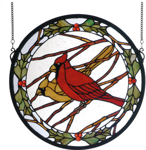 15"H Cardinals & Holly Stained Glass Window
