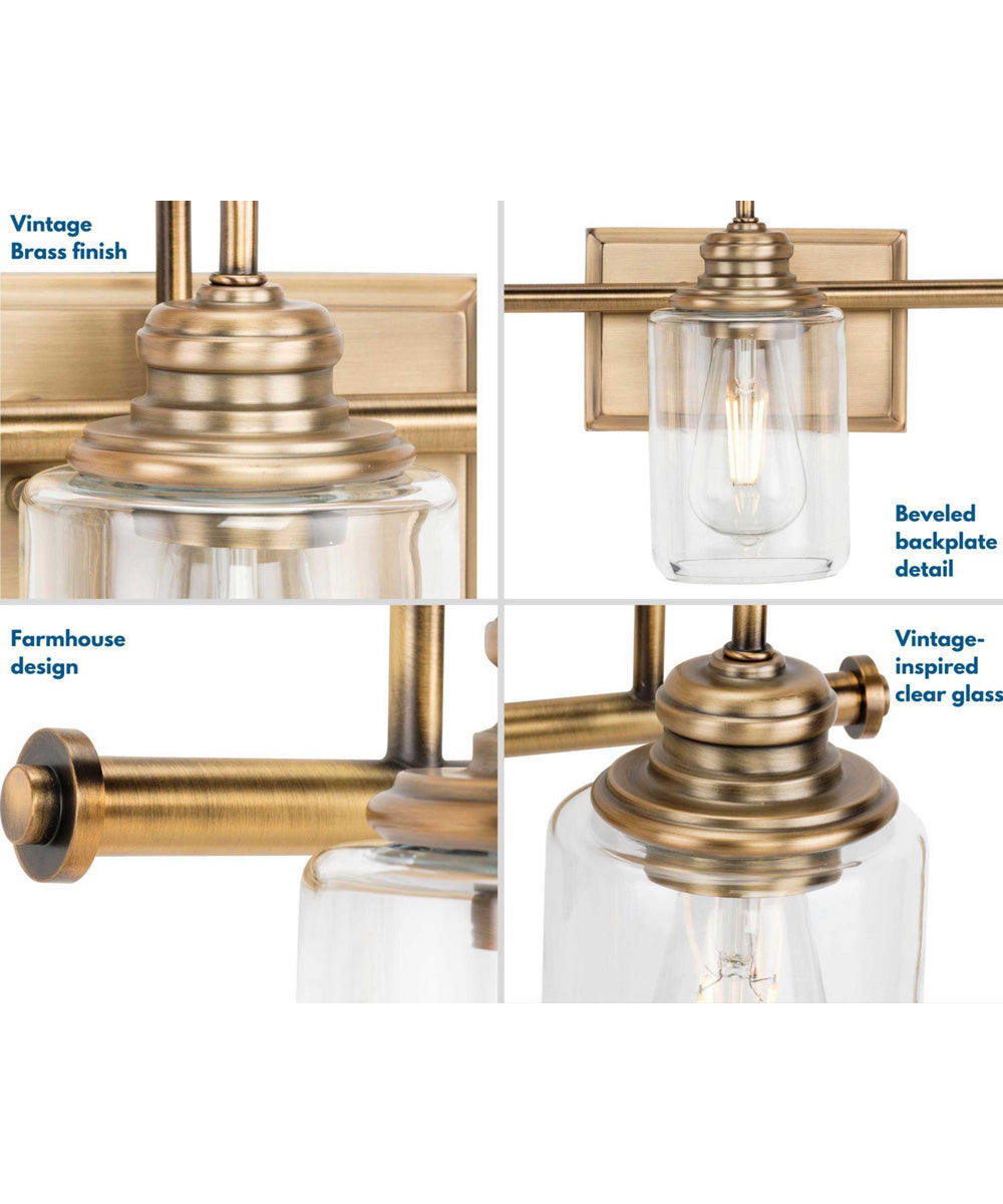 Aiken 3-Light Clear Glass Vintage Style Brass Farmhouse Style Bath Vanity Wall Light Vintage Brass