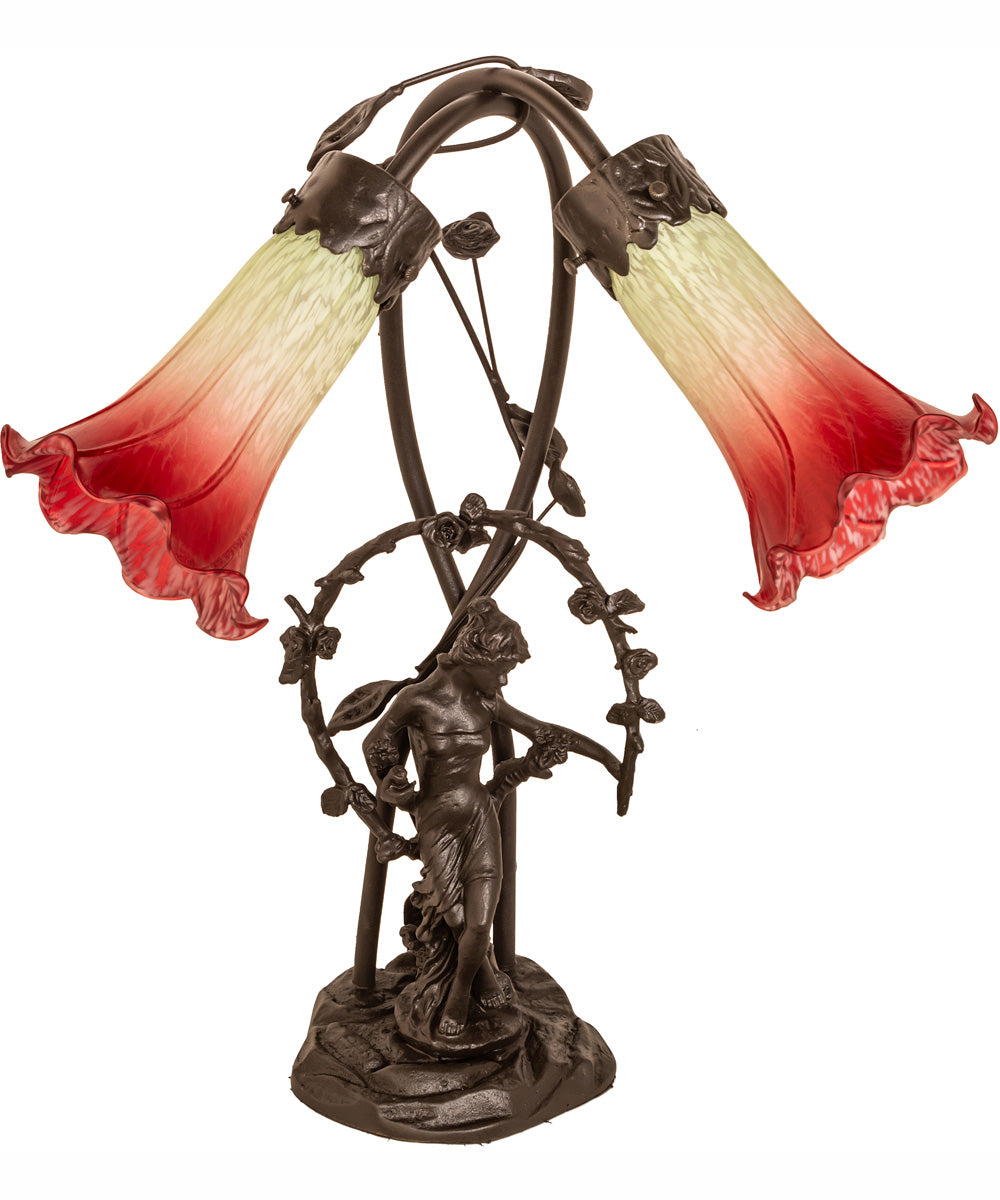 17" High Seafoam/Cranberry Tiffany Pond Lily 2 Light Trellis Girl Accent Lamp