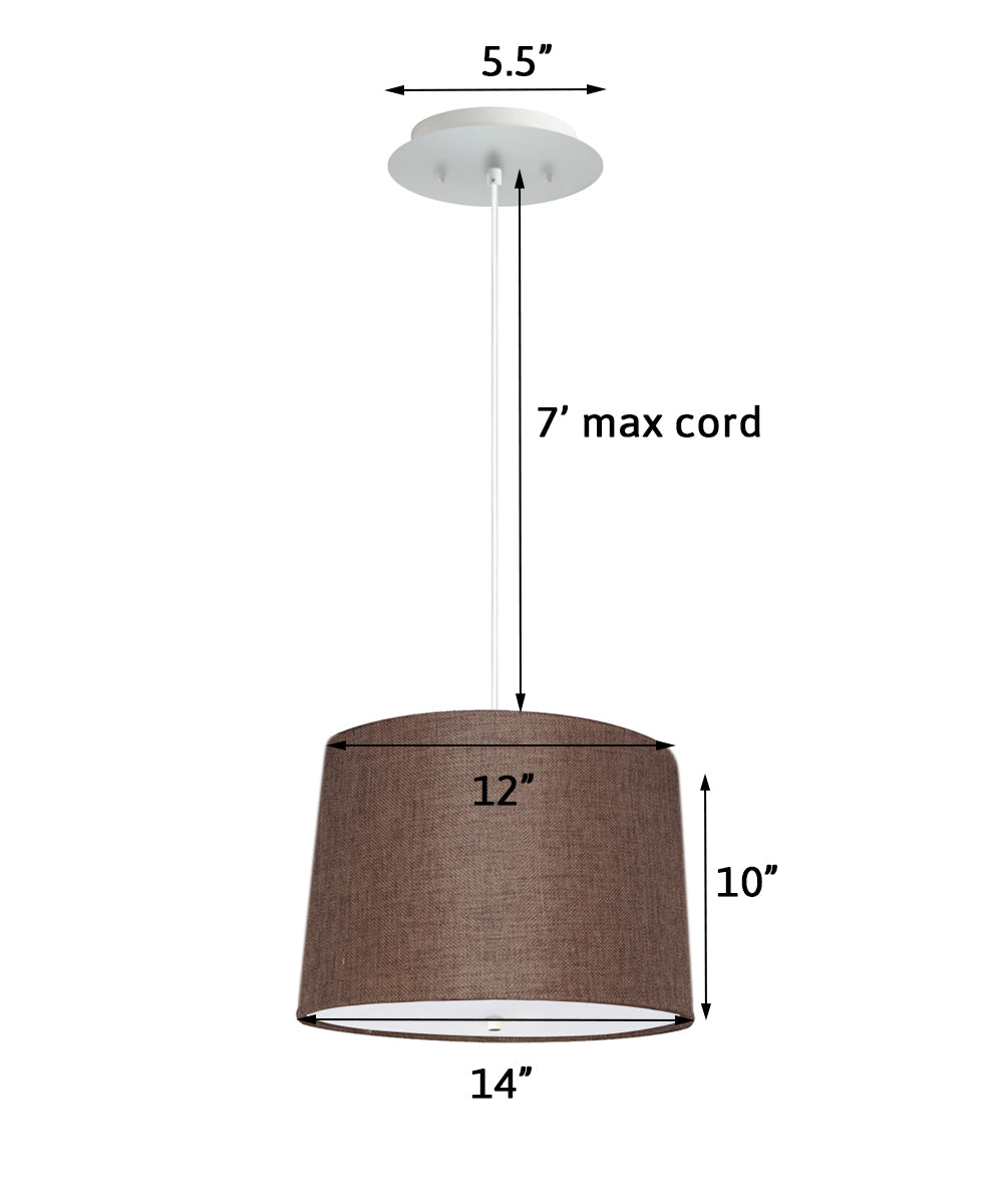 14" W 2 Light Pendant Chocolate Burlap Shade with Diffuser, White Cord