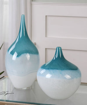15"H Carla Teal White Vases Set of 2