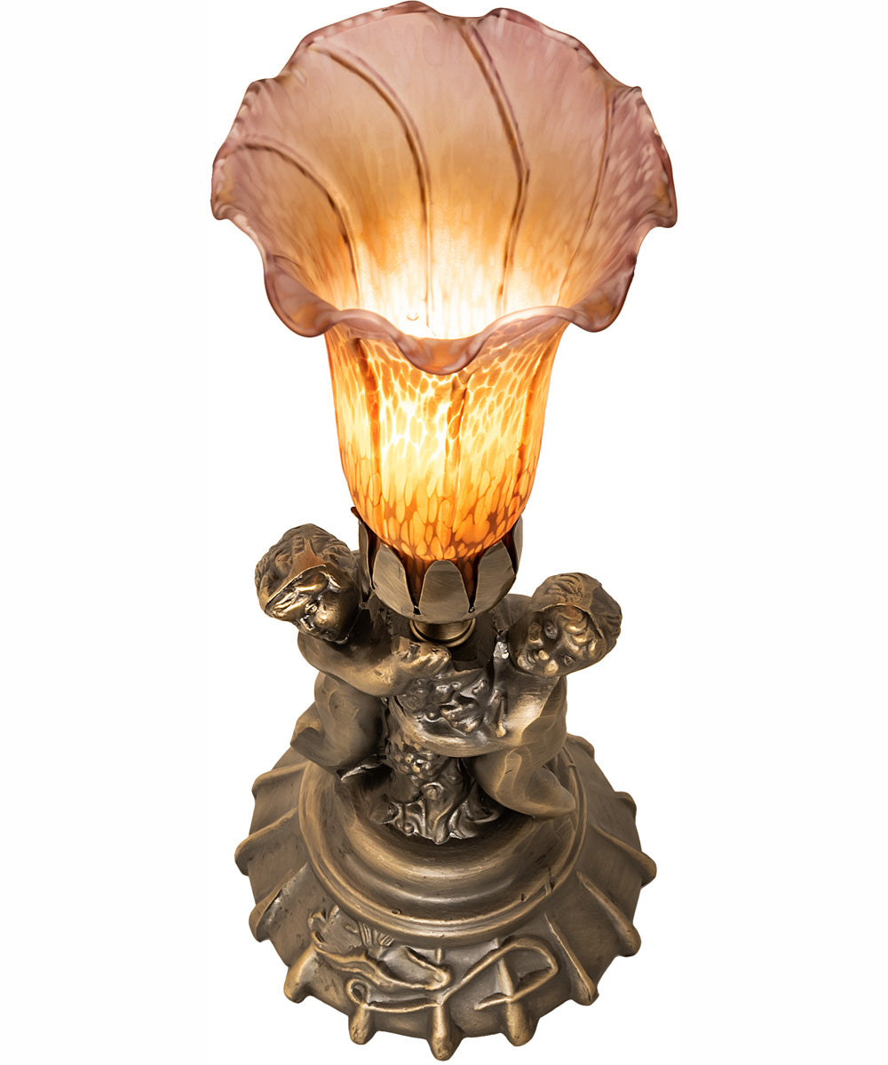 13" High Amber/Purple Tiffany Pond Lily Twin Cherub Accent Lamp