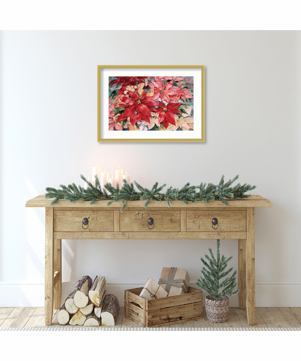 Poinsettia by Kathleen Parr McKenna Wood Framed Wall Art Print (25  W x 18  H), Svelte Polished Gold Frame