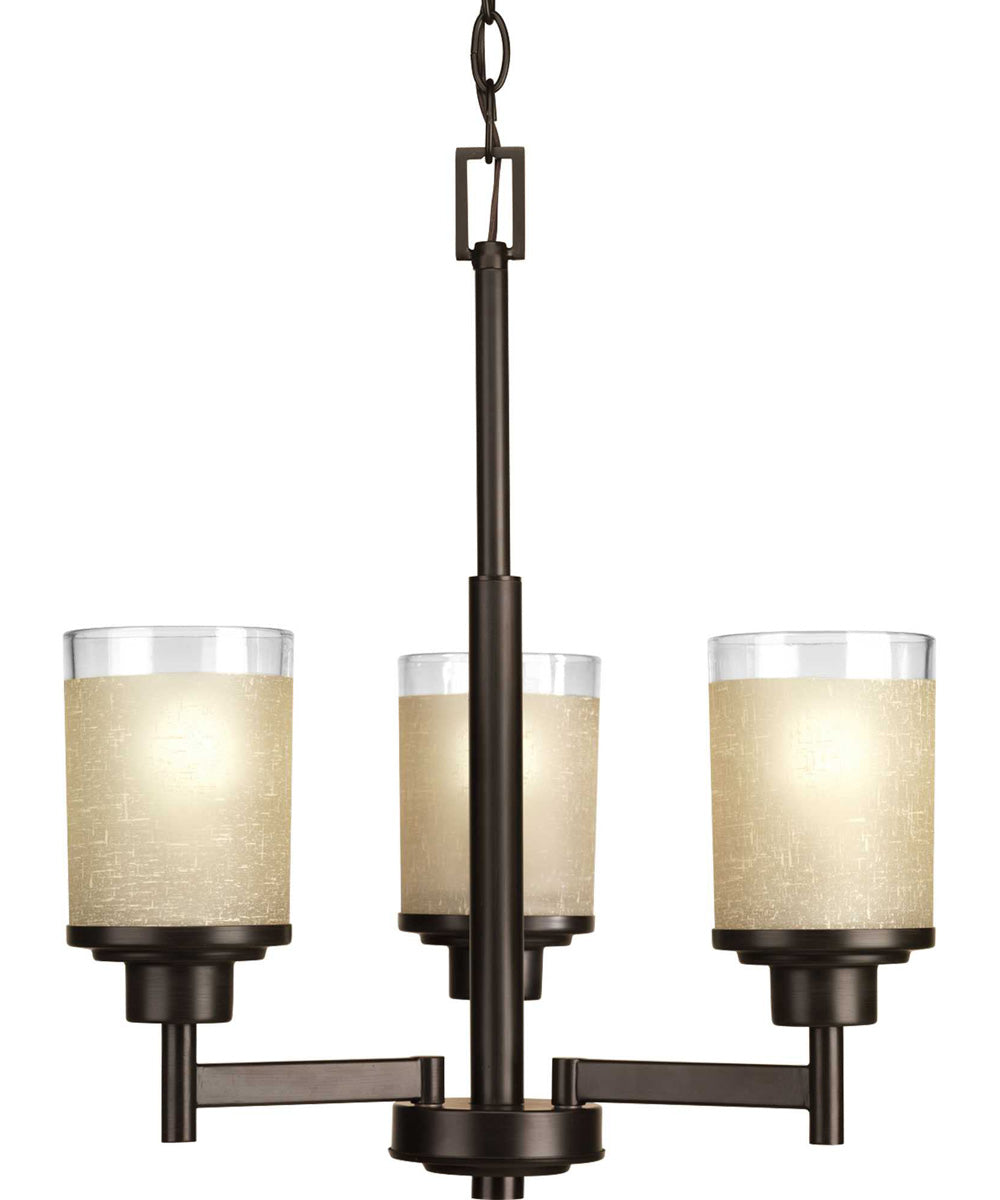 Alexa 3-Light Etched Umber Linen With Clear Edge Glass Modern Chandelier Light Antique Bronze