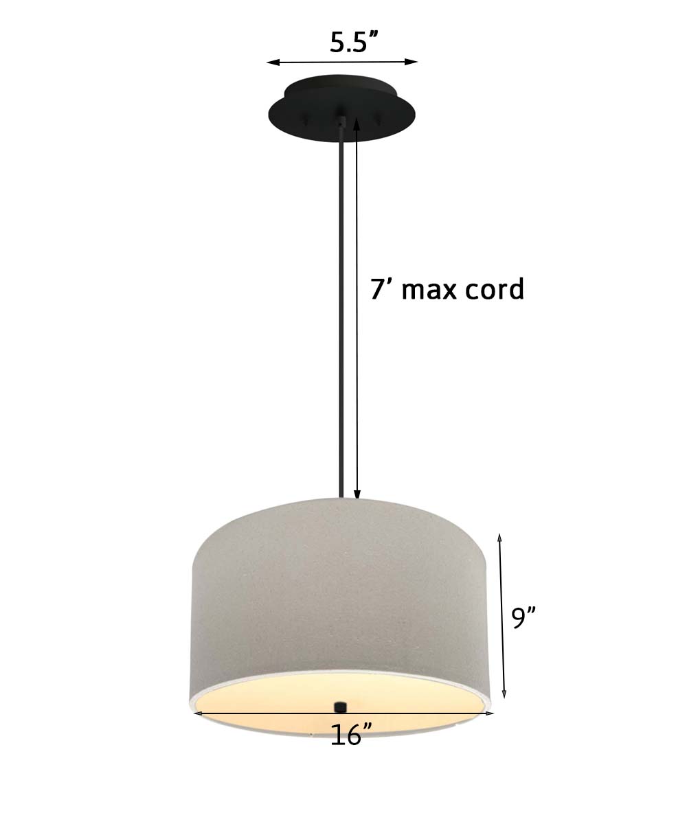 16" W 2 Light Pendant Light Oatmeal Linen Drum Shade with Diffuser, Black Cord