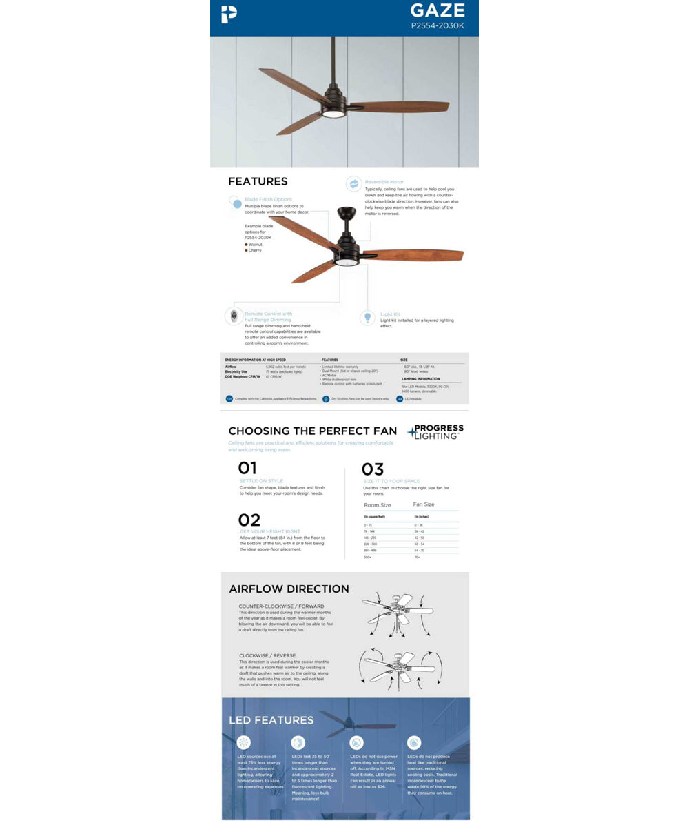 Gaze 60" LED 3-Blade Ceiling Fan Antique Bronze