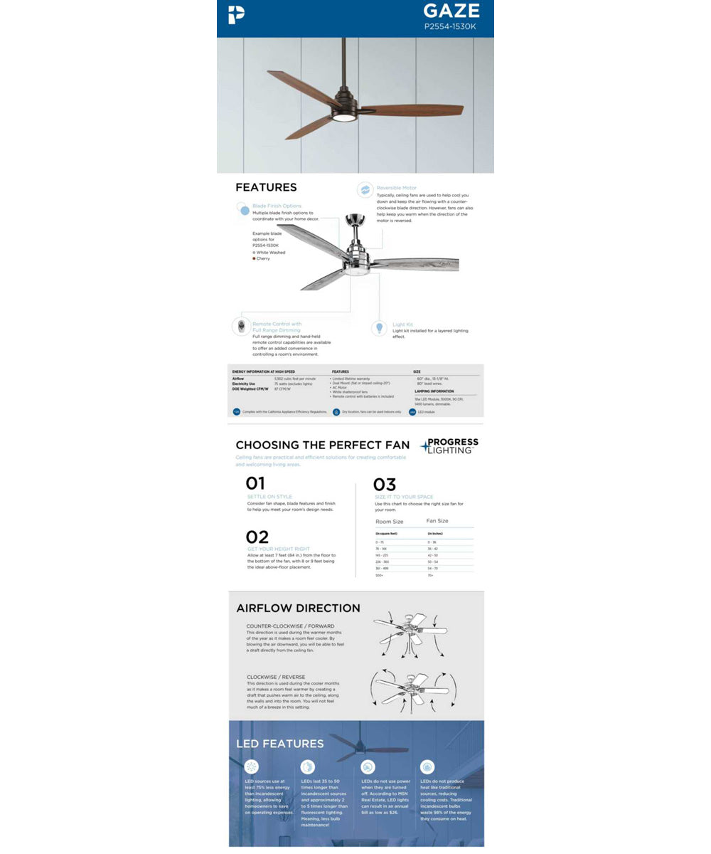 Gaze 60" LED 3-Blade Ceiling Fan Polished Chrome