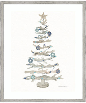 Decorative Coastal Holiday Tree II by Kathleen Parr McKenna Wood Framed Wall Art Print (21  W x 25  H), Shiplap White Narrow Frame