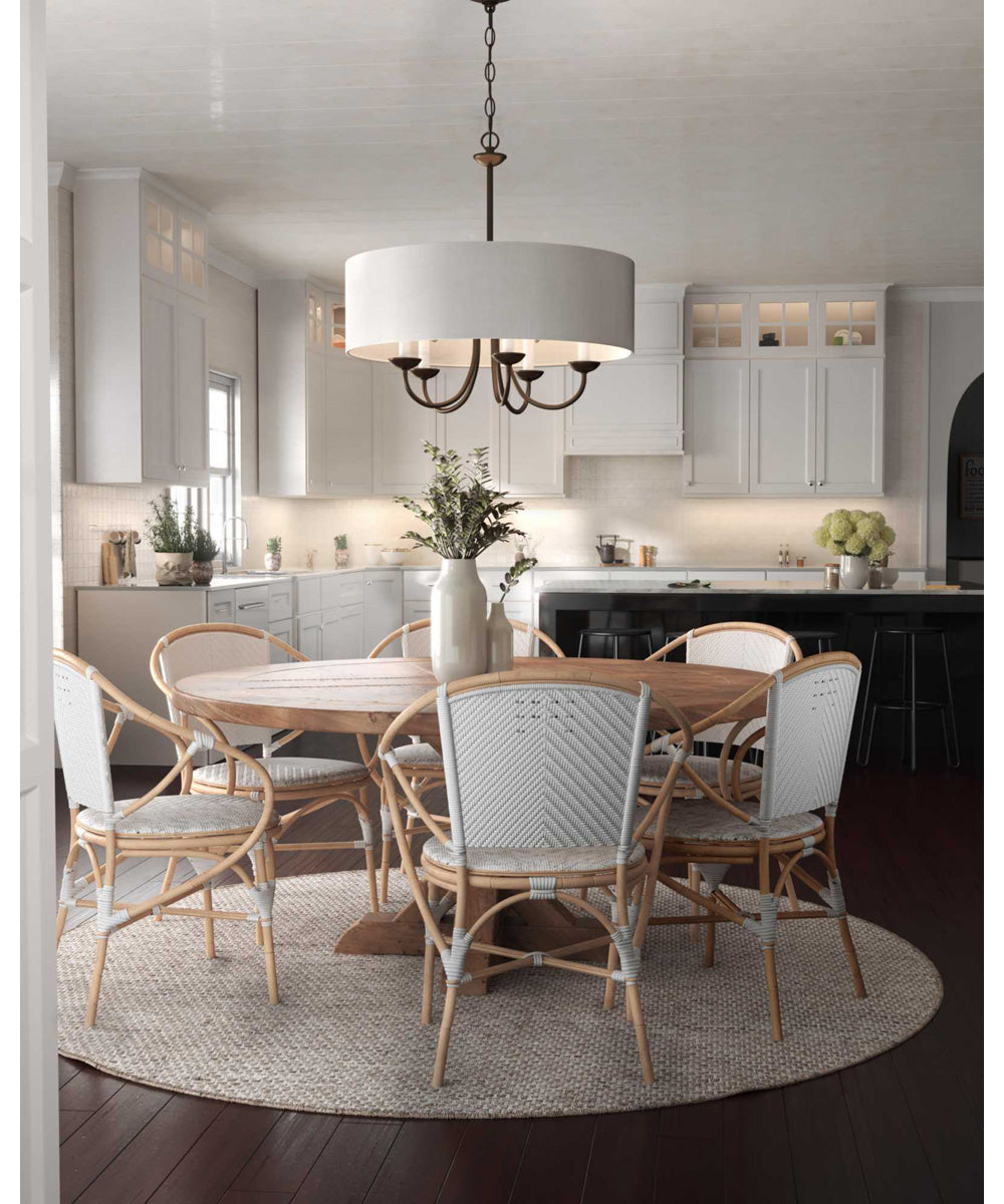 Drum Shade 5-Light White Textured Linen Shade Farmhouse Chandelier Light Antique Bronze